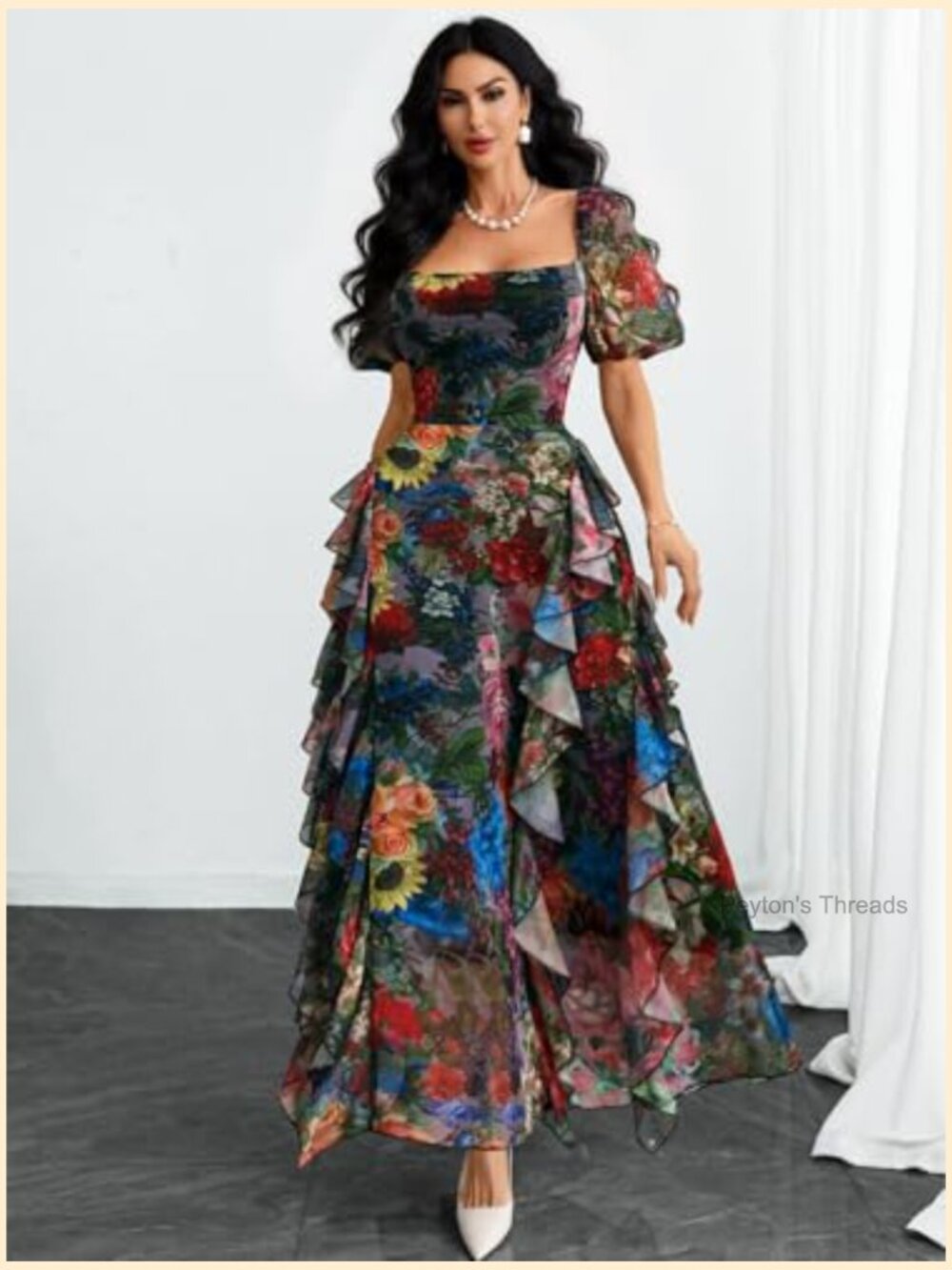 Women Floral Square Neck Puff Sleeve Ruffle Hem Mesh Maxi Dress - Picture 4 of 7
